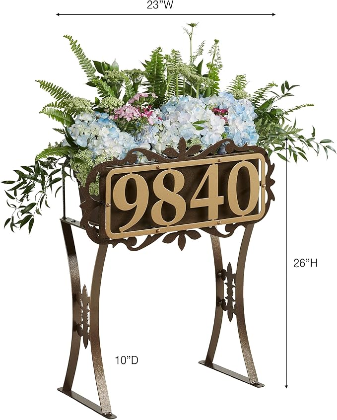 Floret Personalized Metal Planter Stand | Indoor, Porch, Patio, or Outdoor Use | Custom Family Last Name or House Address Numbers | Gold and Bronze Durable Finish | Raised Planter Stand