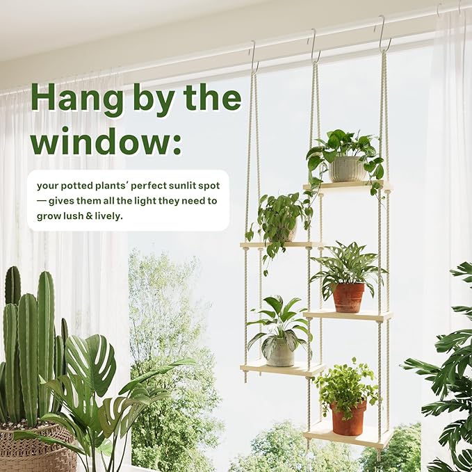 Window Plant Shelves 5-Tier Hanging Plant Shelves for Indoor Window Shelf for Plants Wall Mounted Window Sill Plant Shelf Living Room Garden Boho Decor