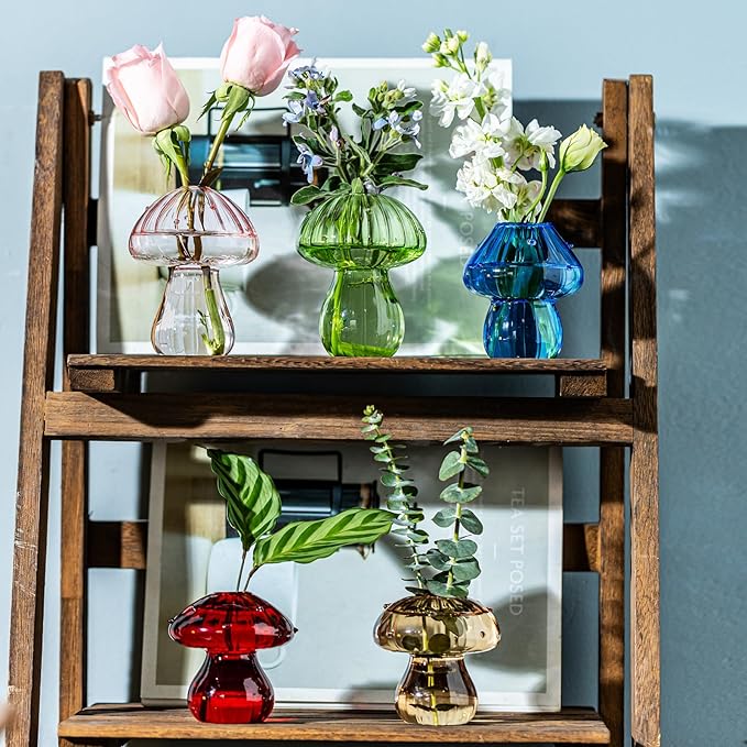 Mushroom Vases, Set of 5 Colored Plant Propagation Station, Mushroom Propagation Vase, Mini Terrarium for Plants, Cute Glass Hydroponic Vase for Flowers, Gifts for Women, Plant Lover (5)