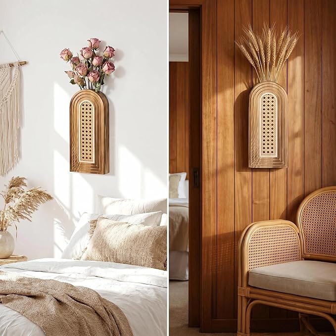 Dnnnii 2 Pack Wooden Wall Vase Set - Brown Finish Hollow Rattan Modern Farmhouse & Boho Wall Decor for Entryway, Hallway, Bathroom, Living Room, Dining Room, Narrow Spaces
