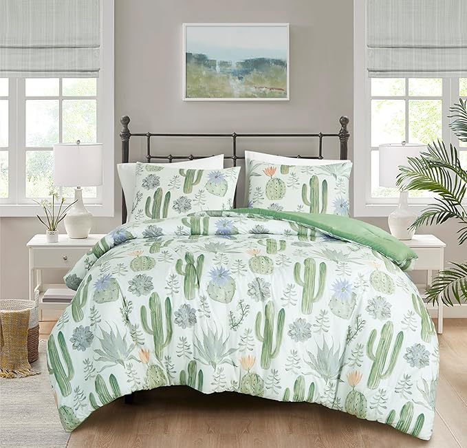 Chezmoi Collection Cereus 3-Piece Southwestern Serene Desert Comforter Set - Green Blue Cactus Succulent Plant Printed Washed Microfiber Bedding, Queen