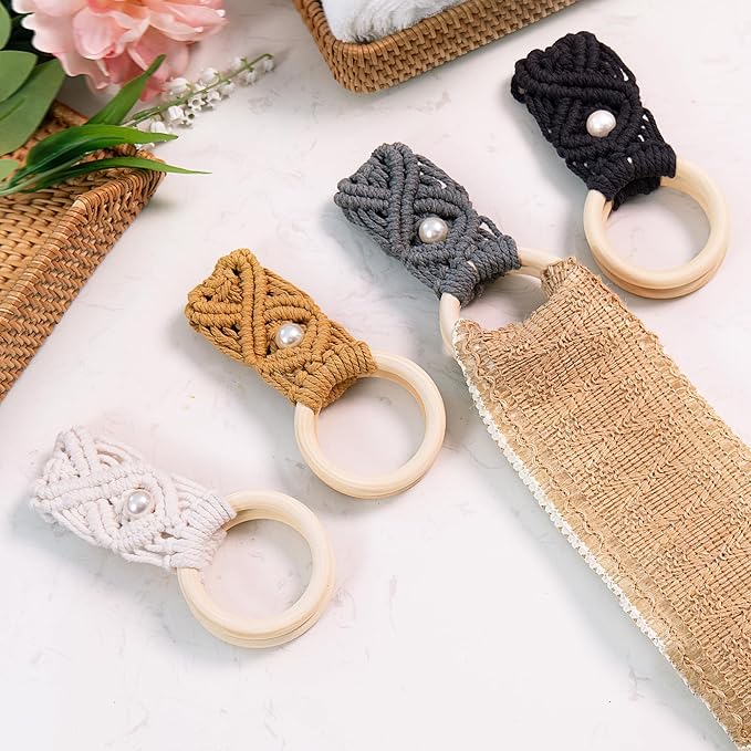 BROWNLILY 4 Pcs Handmade Crochet Towel Holder with Unique Pearl Button for Bathroom, Hanging Towel Rack for Kitchen, Macrame Towel Hanger Over The Cabinet Oven Stove Door - Double Rings