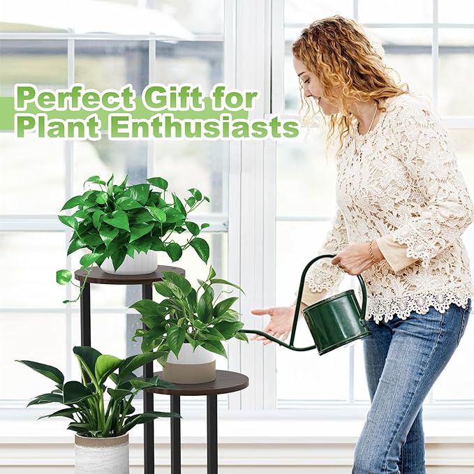 4 Tier Wood Tall Plant Stand Metal Rack Indoor, Multiple Flower Pot Holder Shelves Corner Rack, Round Planter Shelf Display Rack Storage Organizer for Patio Living Room Balcony(Black+Oak)
