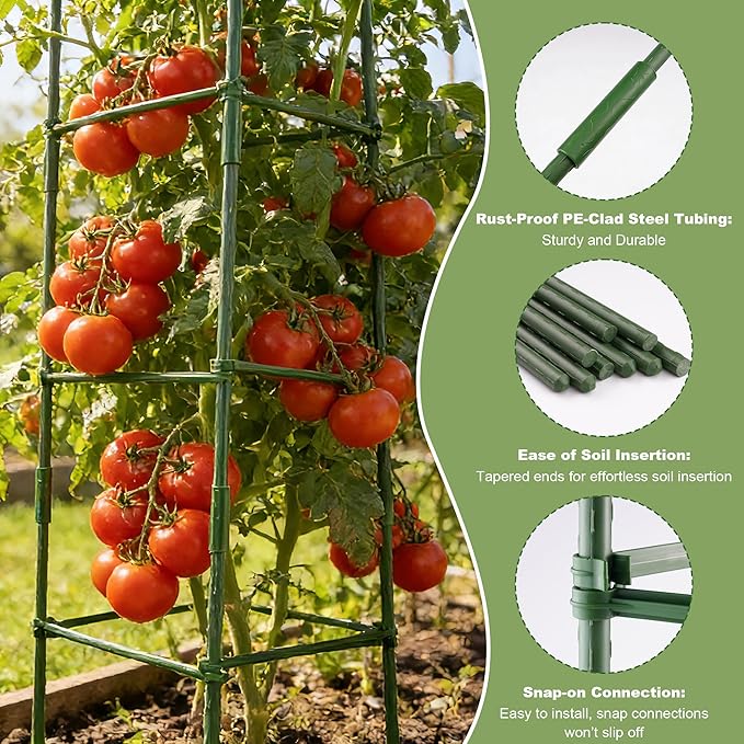 6Packs Tomato Cages, Tomato Trellis for Raised Garden Bed Adjustable Plant Support for Climbing Plants Outdoor Triangle or Square Stake Support for Tomatoes, Vine Climbing Plant(Up to High: 47.2'')