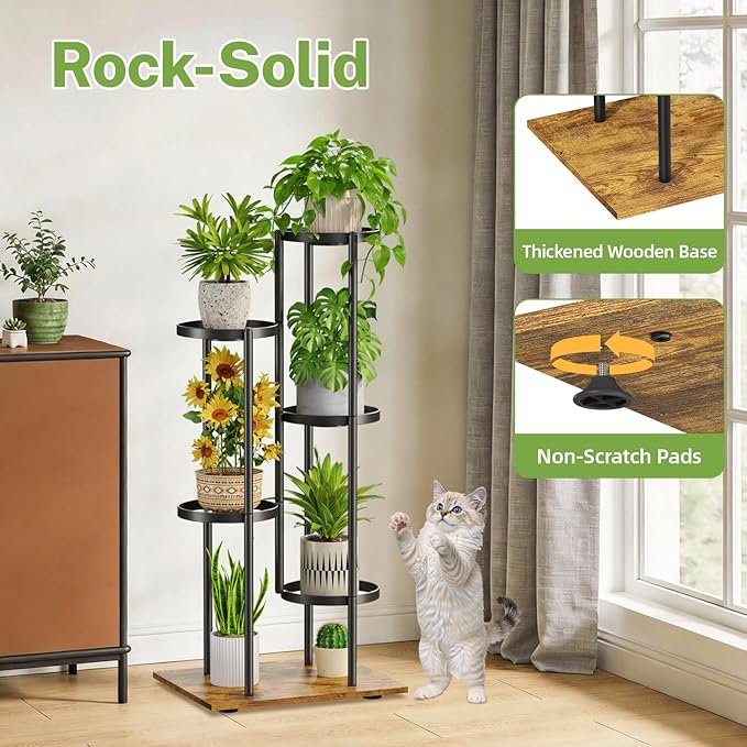 iDavosic.ly 5 Tier Plant Stand Indoor with Grow Lights, Tiered Corner Multiple Flower Pot Holder Shelf, Metal Tall Display Rack for Porch Living Room Balcony Bedroom, Modern Black & Rustic Brown