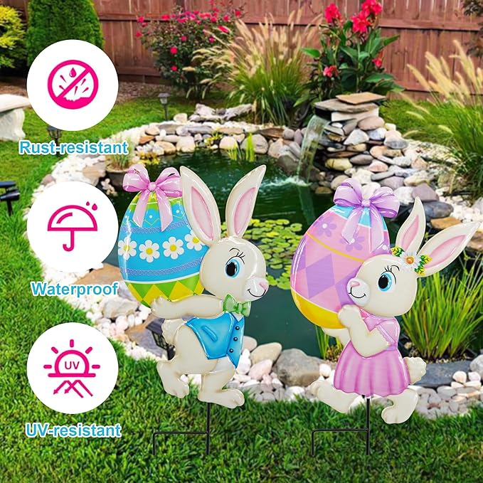 Yard Sign Stakes Made of Metal, Easter Yard Stakes with Bunny Egg for Easter Decorations Outdoor Garden Lawn Porch