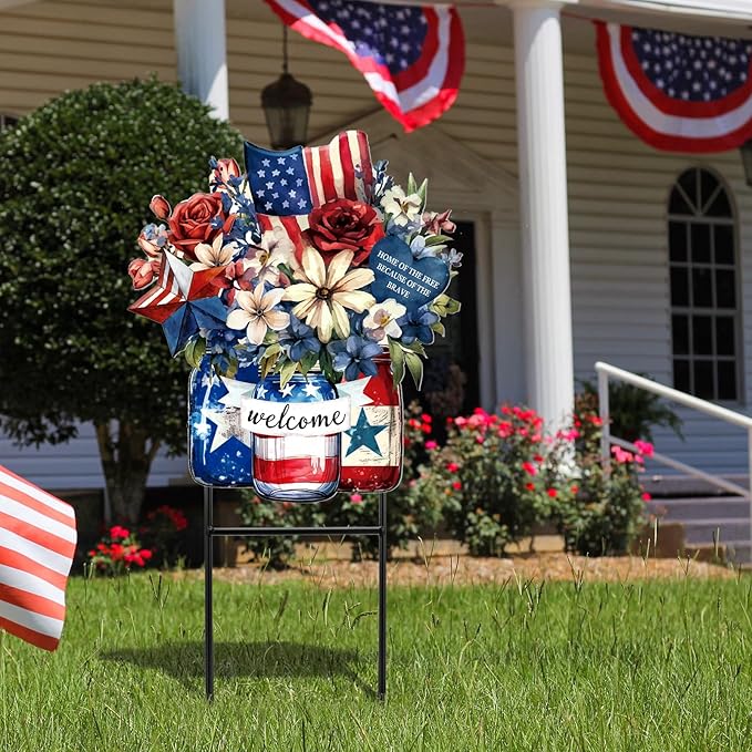 Amyhill 4th of July Metal Outdoor Decor Garden Stakes Patriotic Mason Jars Welcome Yard Signs Decorations Red White Blue Garden Stakes for Independence Memorial Day Patio Lawn Walkway Outside