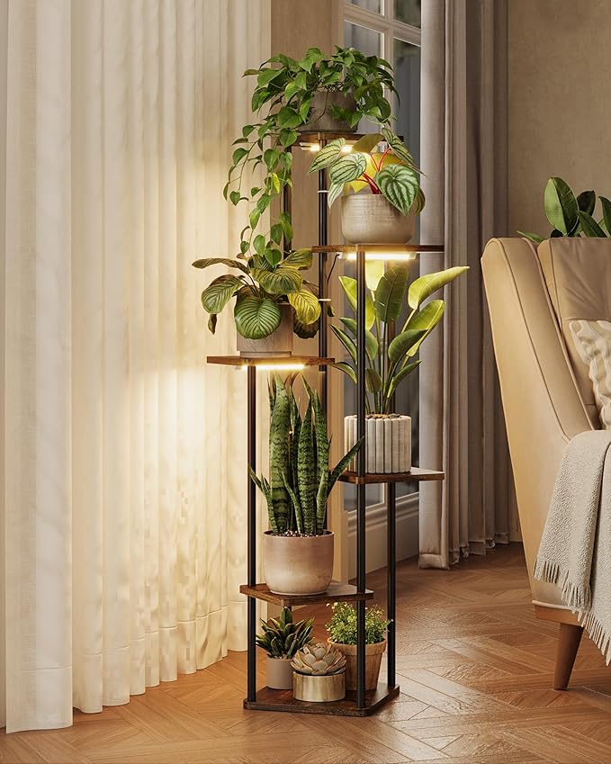 GENTINGBRO Plant Stand with Grow Light for Indoor Plants Corner Plant Stand 6 Tier Metal Plant Shelf Tall Plant Stand Plant Table Flower Stand for Living Room Bedroom Balcony Patio Brown Oak