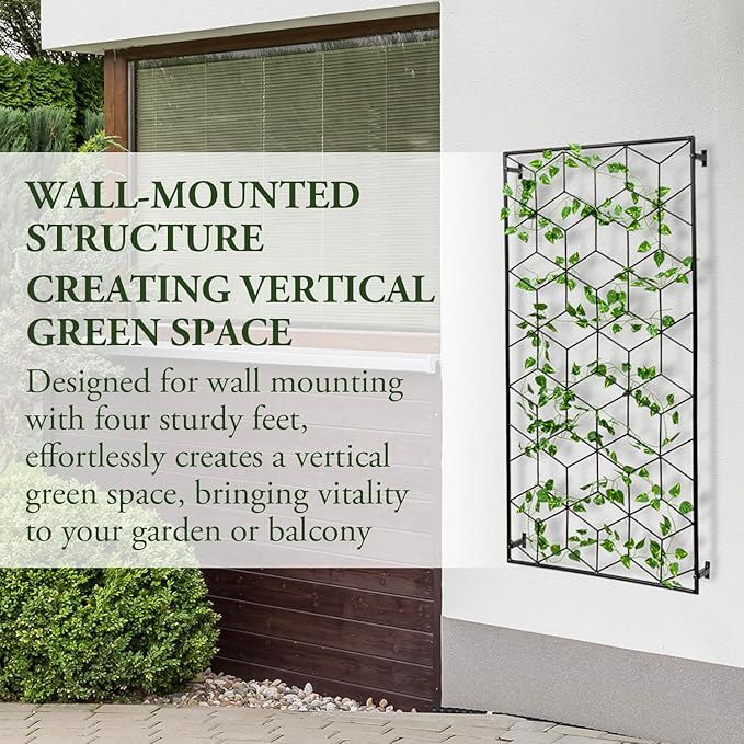 MyGift 4 Foot Geometric Cube Pattern Style Matte Black Metal Wire Garden Trellis, Wall Mounted Large Support Lattice Frame for Climbing Plants and Crawling Vines