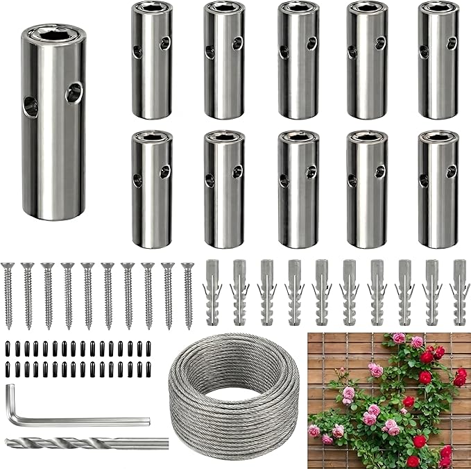 Wire Trellis Kit for Climbing Plants Outdoor - 10-Set Wall Mounted Trellis with 53Ft x 1/8" T316 Stainless Steel Rope, Heavy Duty Garden Wire Trellis System for Espalier & Vertical Gardening