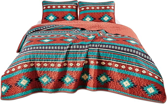 Chezmoi Collection 3-Piece Southwestern Geometric Tribal Quilt Set - Multicolor Red Teal Beige Lightweight Quilted Bedspread Set, King (118" x 95")