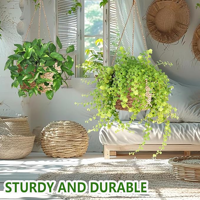 8-Inch Small-Caliber Woven Jute Hanging Planter – Seagrass Plant Basket, Decorative Hanging Plant Holder, Ideal for Home Décor and Storage
