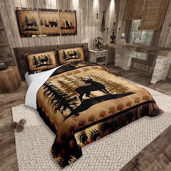 Feelyou Cute Deer Comforter Set for Girls Boys Kids Deer Hunting Bedding Set Room Decorative Rustic Bear Paw Print Bedding Canbin Brown Duvet Full Size 3Pcs