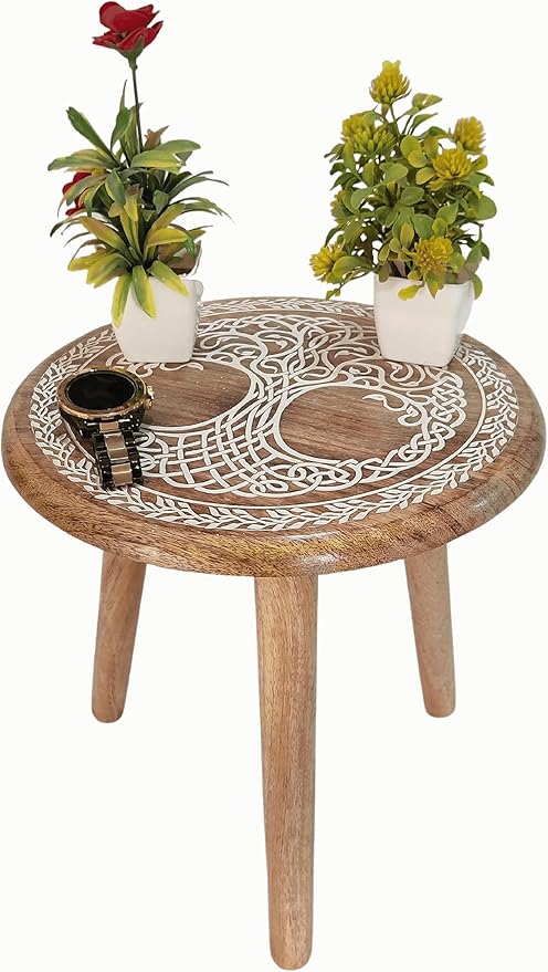 VANIYA CRAFTS® Wooden Engraved Fold-able Side Table/End Table/Plant Stand/Stool for Living Room Bedroom Restaurant Kids Play Furniture Table Round Shape (Natural White 4)
