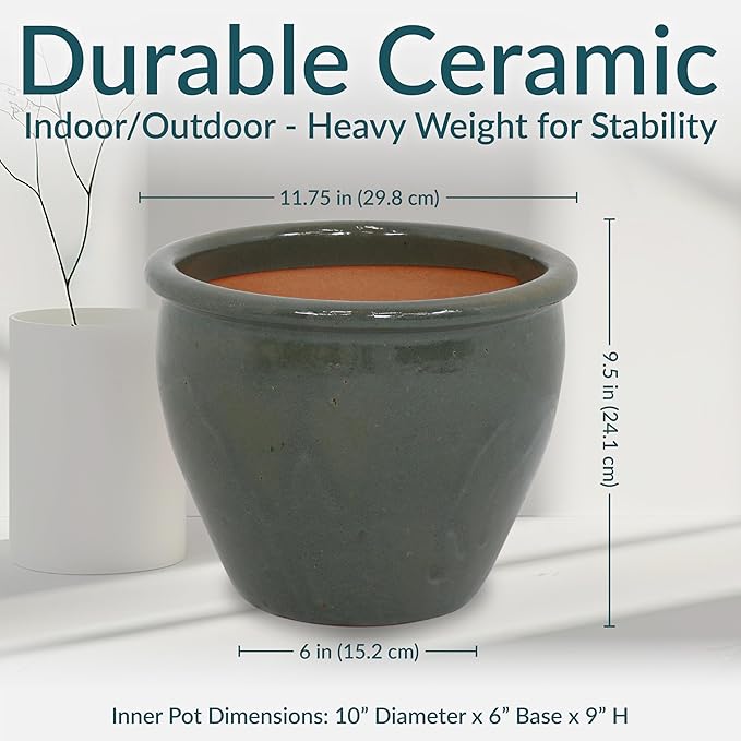 Sunnydaze Round Ceramic Planter - Set of 2 Indoor or Outdoor Plant Pots with Drainage Hole - Chalet - 12" - Gray Glaze