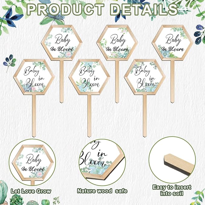 48 Pcs Baby in Bloom Succulent Tags Baby Shower Plant Stakes Labels Wooden Garden Marker Plant Signs for Succulent Markers Potted Flower (Baby Style)