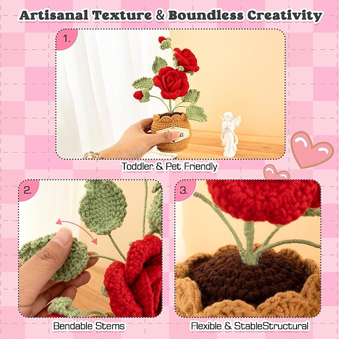 Crochet Flowers with Personalized Leather Name Tag Handmade Knitted Flowers for Home Office Desk Decor Crochet Rose Flower Potted Plant Crochet Gift for Women,Mom,Teacher, Birthday(Red)