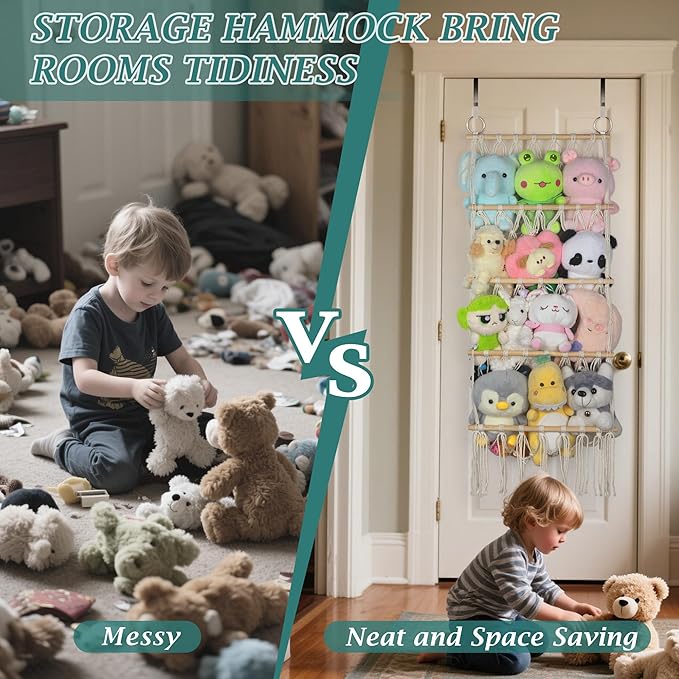 42cm Wide Over the Door Stuffed Animal Storage Hammock Corner Wall Hanging Storage Holder Boho Macrame Plush Toy Organizer Net for Stuffed Animal