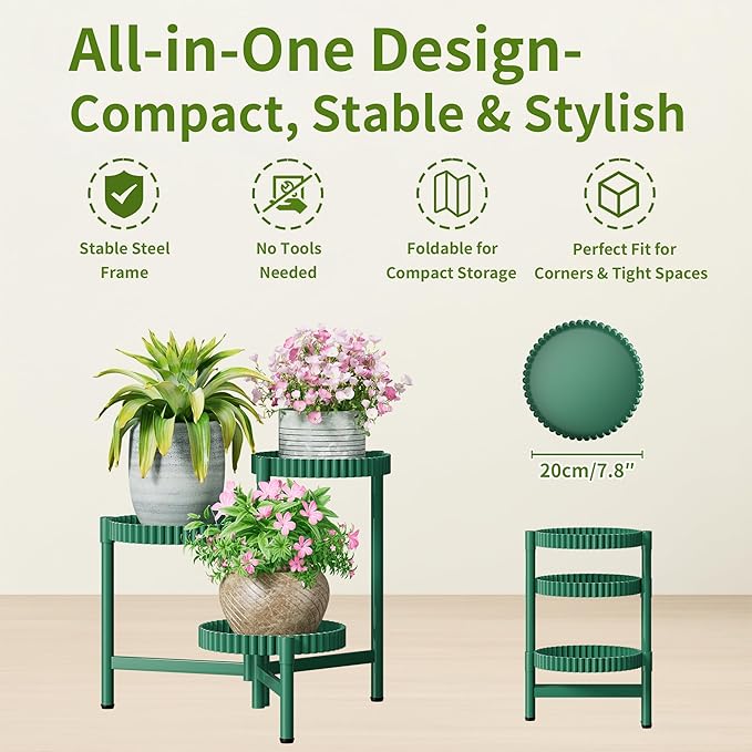 Plant Stand Indoor Outdoor, 3 Tier Corner Metal Flower Display Holder Shelf, Folding Tall Plant Rack for House Patio Balcony Porch Living Room, Heavy Duty Anti-Rust Wrought Iron - GreenFloroma