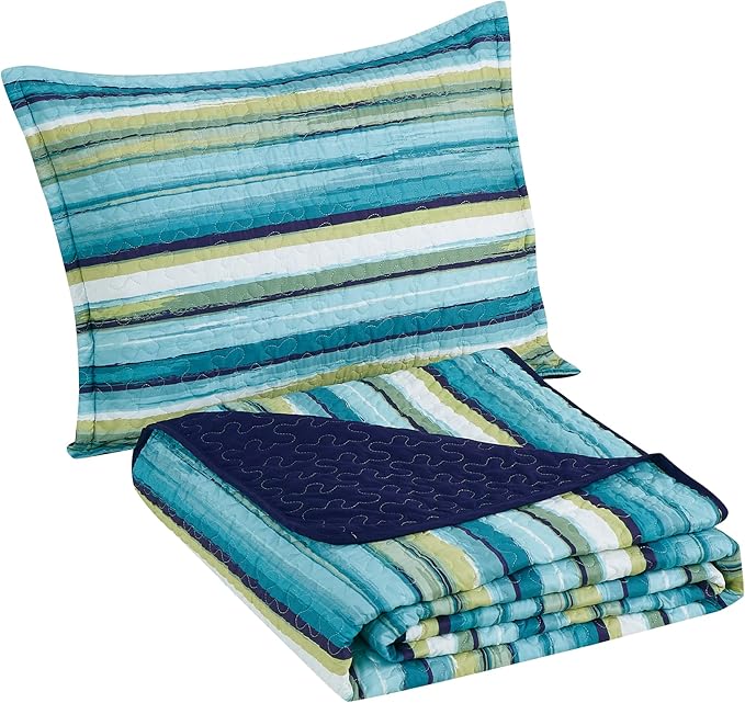 Chezmoi Collection Morgan 3-Piece Striped Quilt Set - Green Blue White Striped Printed Microfiber Lightweight Quilted Bedspread Set, Queen (100" x 95")