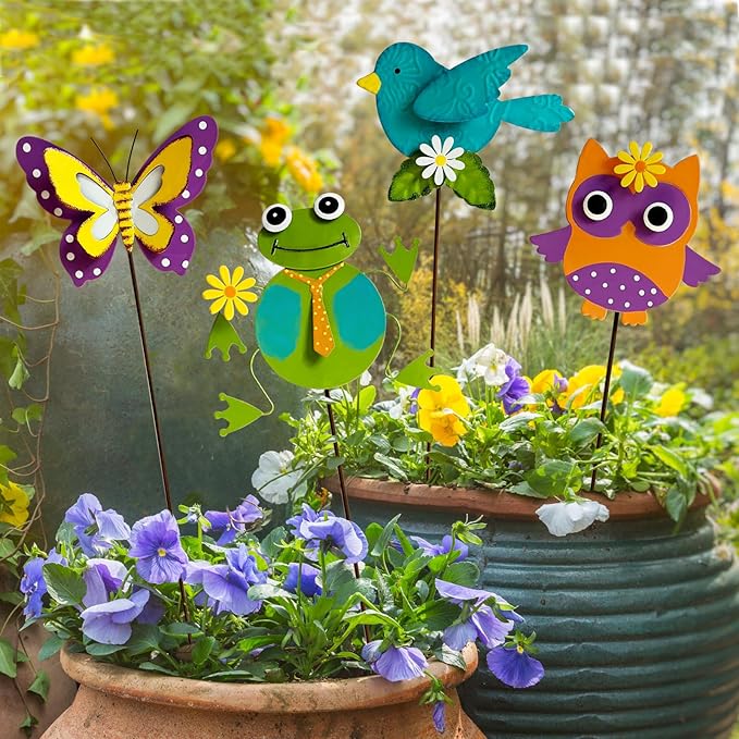 4 Pack Metal Flowers for Outside & Decorative Garden Stakes - Metal Yard Art Outdoor and Garden with Rustproof Design | Spring Lawn Ornaments for Porch, Backyard, Patio | Outdoor Gifts