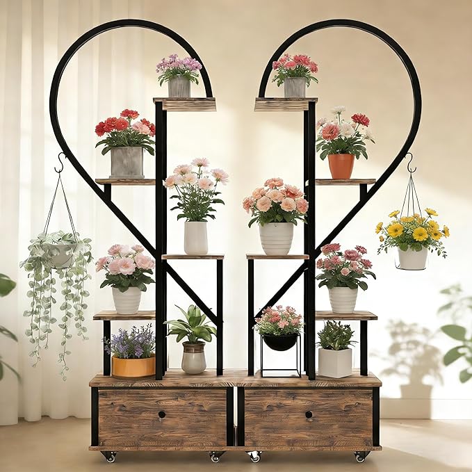 Heart Shaped Indoor Plant Stand with Rolling Storage Cabinet & Drawer, Multi-Tier Plant Shelf with Hanging Hooks & Casters for Home Office Living Room Patio Balcony, Rustic Brown, 2 Pack