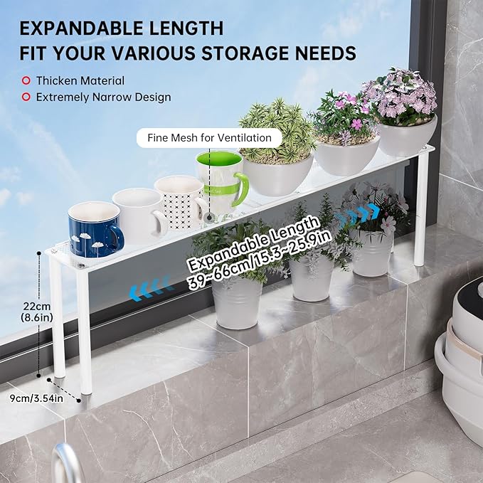 Expandable Mesh Shelf Organizer for Over-Sink Storage, Kitchen Counter, Windowsill Plants, Bathroom Vanity, and Office Desk — A Narrow Tall Solution for Tight Spaces