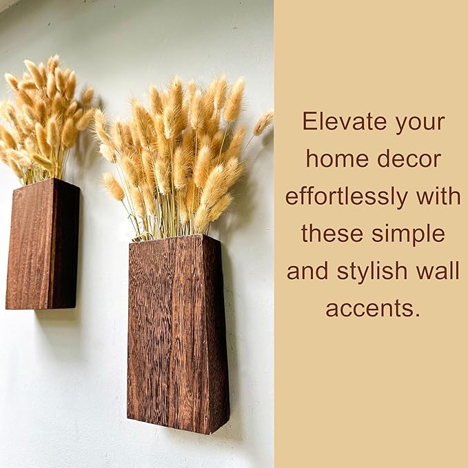 LaLaGreen Wood Wall Planters (8 Inch, 2 Pack) Include Bunny Tails Dried Flowers, Hanging Planter Wooden Box Vase for Indoor Modern Rustic Farmhouse Decor Home Living Room Bathroom Trendy Decoration