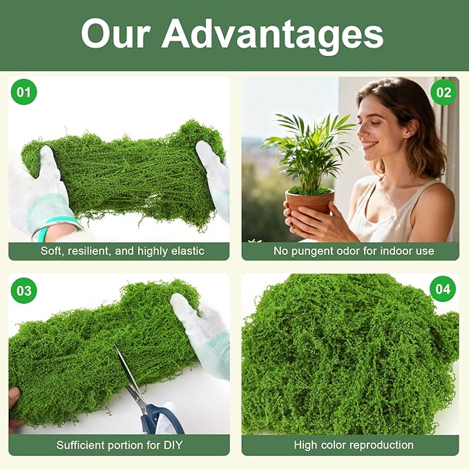 MGLIFEUL 12OZ Artificial Fake Moss for Crafts Plants Indoor with Non-Stick Gloves and Tweezers，Preserved Green Plant Faux Craft Moss Musgo for Fairy Garden Indoor Outdoor Home Decorating Model Making
