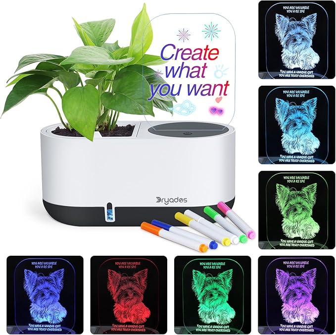 Self-Watering Plant Pot with LED Note Board & 7 Colors Pen, Led Acrylic Message Board with Plant Pot,Dog Board Night Light with Planting Pot for Mother's Day/Thanksgiving/Gifts(No Plant&Seed)