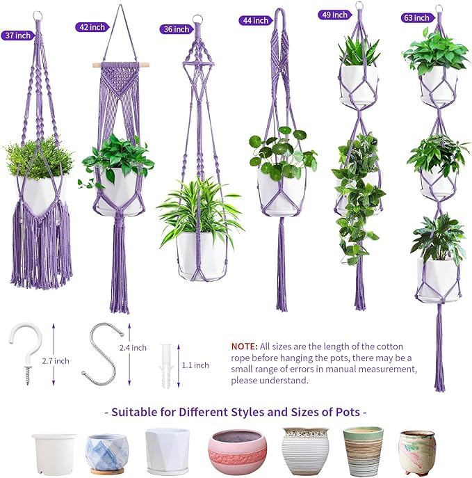 SFENNGPET Macrame Plant Hangers, 6Pack Hanging Planters for Indoor Plants w/ 6 Set Hangers Kit Handmade Macromay Plant Hangers Indoor Flower Pots Holder Stand for Boho Home Décor (POTS NOT Included)