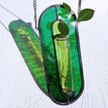 LITMIND Transparent Green Stained Glass Propagation Station - Handcrafted Suncatcher Hanging Planter with 2 Glass Tubes, Multi-Color Hydroponic Wall Décor for Windows, Home & Garden