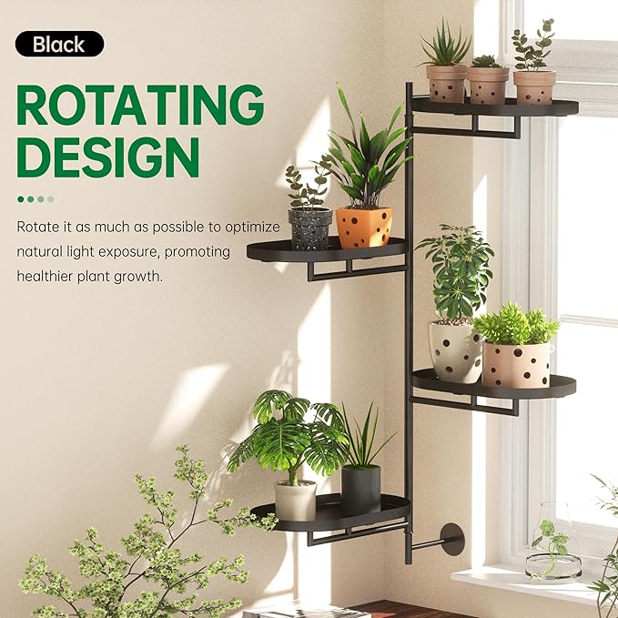 Rotating Window Shelves for Multiple Plants Indoor,4-tier Metal Corner Black Plant Stand Holder Floating Hanger Shelf for Wall，Windows Sill Gifts for Planter Lover to Enhance Home Decor