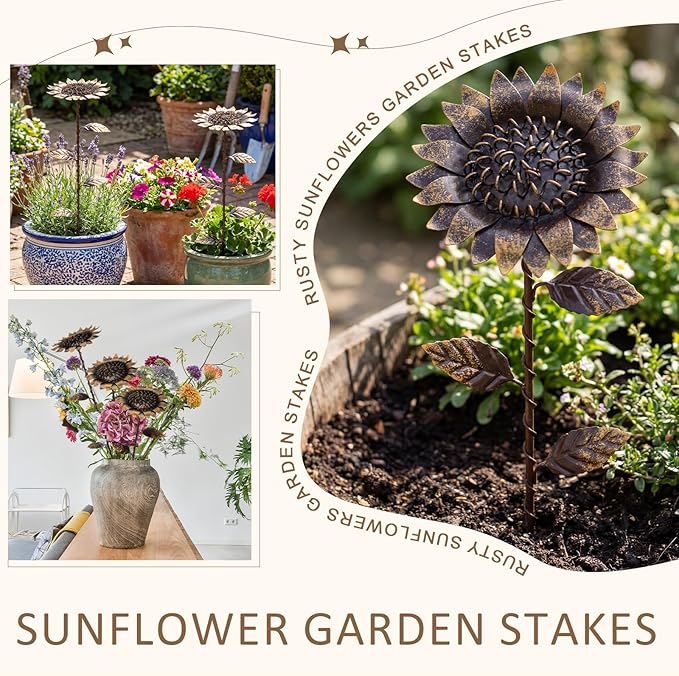 AceOrbit 5 Pcs Rusty Garden Stakes for Outside 11.8" Metal Art Decor Bed Decor Weatherproof 3D Rusty Plant Pick for Farmhouse Outdoor Yard Lawn Patio Walkway Pathway Decoration (Sunflower)