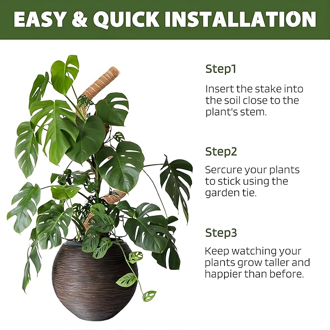 2-Pack 48'' Bendable Moss Poles for Monstera & Climbing Plants – Flexible Trellis Plant Support Stakes with Accessories – Indoor & Outdoor Use