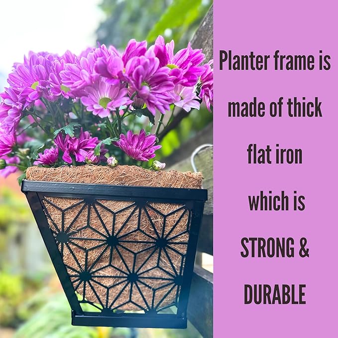 LaLaGreen Window Boxes Planter for Outdoor Plants (2 Pack, 12 Inch) Black Metal Small and Cute Rectangular Flower Pot Wall Planters with Coco Liner Horse Trough Deck Railing Garden Balcony Fence Patio