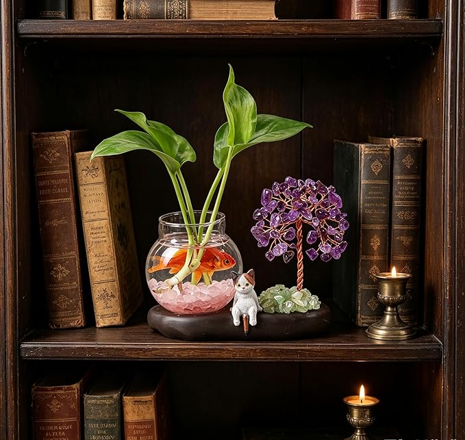 Plant Propagation Station, Amethyst Tree Hydroponic Glass Container Vase Jars with Cute Cat Figurine, Home Office Desks Aesthetic Decorations, Gift for Women Plant Lovers and Cat Lover