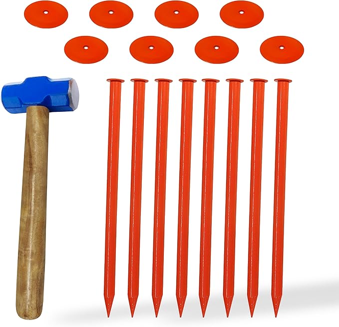 FEBTECH - Septic Tank Marker - 2.3" x 7" - Suitable Property line Markers for Protecting Your Septic Tank and Property Boundary with Solid and Sturdy Survey Stakes - Pack of 8 Pcs + 1 Hammer