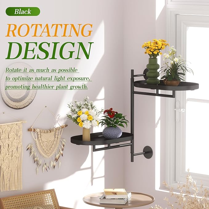 YQSLYSF Window Rotating Plant Stand Shelf Indoor Black Metal Floating Shelves 2-Tier Wall Mount Plant Holders for Living Room Wall Planter Modern Home Decor for Gardening