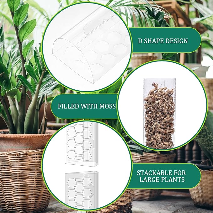 10 Pieces Plastic Moss Pole for Monstera Including 4 Pcs 24 Inch Clear Plant Poles for Indoor Climbing and 6 Pcs 15 Inch D Shape Stackable Plant Support Kit Work with Sphagnum Moss
