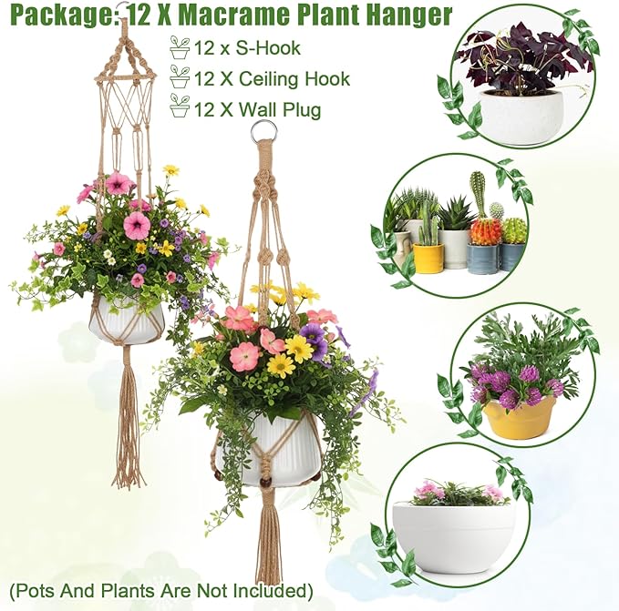 12 Pcs Macrame Plant Hangers, Macrame Hanging Planters for Indoor Plants Handmade Boho Hanging Baskets Flower Pots Holder Stand Plants Hangers for Outdoor Home Wall Decor