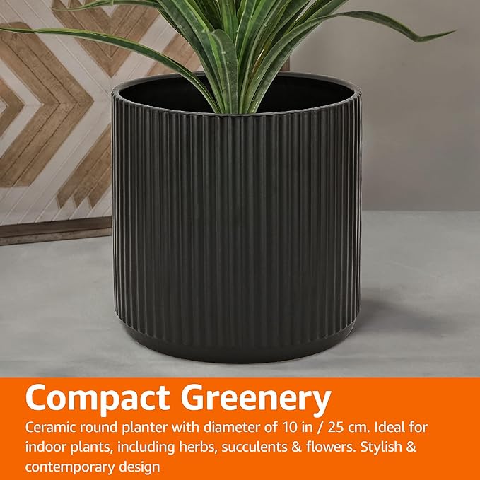 Amazon Basics Fluted Ceramic Round Planter with Drainage Hole, 10-inch, Black, Indoor Outdoor, Flower Pot