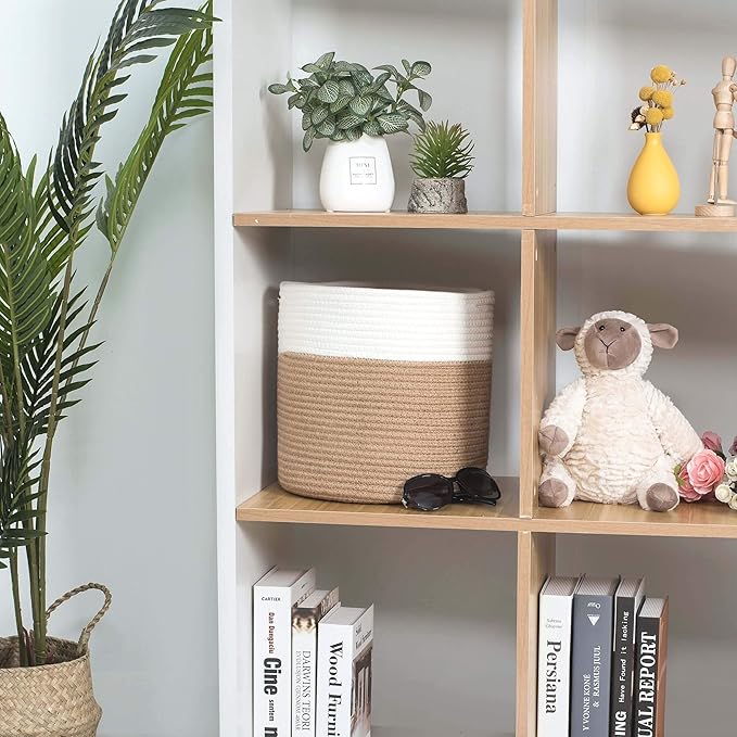 MINTWOOD Design 11 x 11 Inches Cotton Rope Basket for Flower Pot and Indoor Floor Planters, Decorative Round Woven Plant Pot Basket, Planter Covers, Small Dog Toy Storage Baskets, Jute