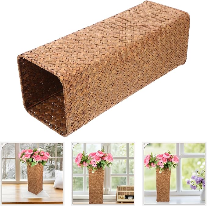 Rustic Large Woven Flower Basket Vase 14x14x38cm Seagrass Dried Flower Holder Boho Home Decor Planter for Indoor Floral Arrangement