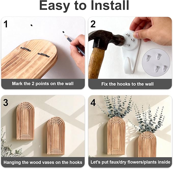 DREAMLOOM 2 Pack Wooden Wall Vases with Eucalyptus Artificial Plants, Wall Hanging Planters Boho Modern Farmhouse Indoor for Narrow Spaces Entryway Bathroom Home Office Decoration, Retro