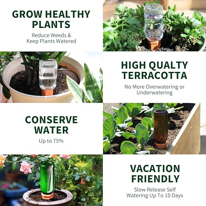 Soilagua Wine Bottle Watering Spikes, Terracotta Watering Spikes for Out | Indoor Plants, Self Watering Planter Insert, Vacation Plant Watering Devices, Clay Plant Watering Globes, 8-Pack