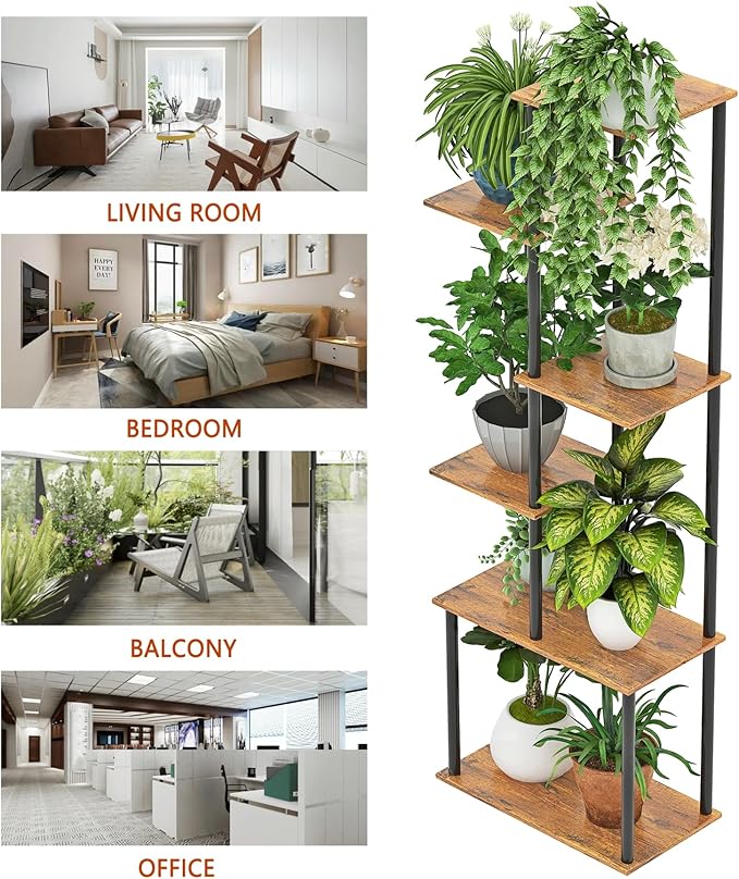 Plant Stand Indoor, 6-Tier Tall Plant Shelf Multiple Metal Wood Flower Pot Holder for Living Room Office Balcony Patio, Rustic Brown