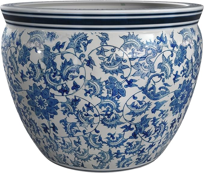 Red Lantern 12" Floral Blue & White Porcelain Fishbowl Planter or Cachepot for Indoor/Outdoor Use in Garden Entryway Living Room Boho Eclectic Modern Contemporary Classic Traditional Style Decor