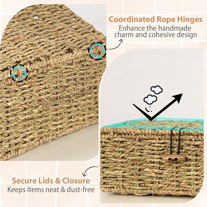 Handwoven Wicker Baskets Decorative Storage Boxes with Lids Set of 2, Natural Seagrass, Nesting Organizer Boxes for Closet, Shelf, Home Decor