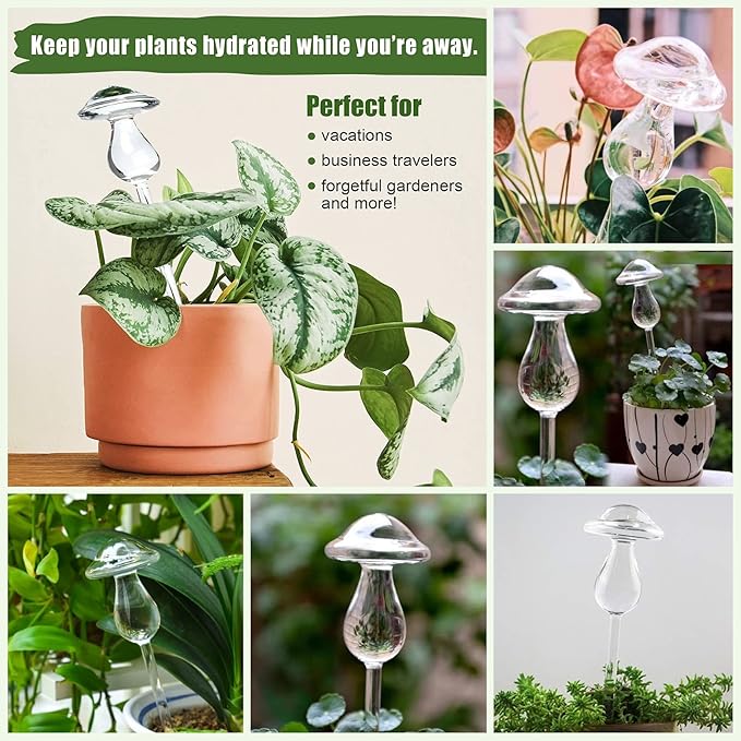 Kingbuy Mushroom Shaped Self-Watering Globes - 2 Pack Glass Automatic Plant Waterer for Indoor Outdoor Plants, Water Bulbs & Decorative Stakes for Plant Lovers